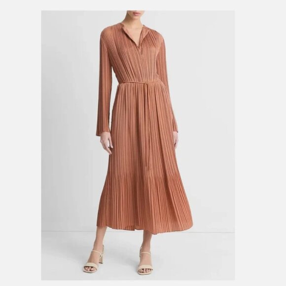 Vince Pleated Satin Long-Sleeve Midi Dress - Picture 1 of 11